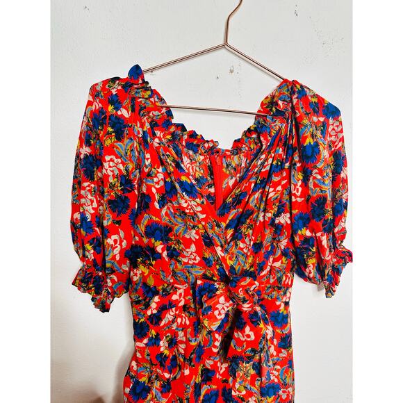 SALONI Red Floral Flame Azalea Olivia Tie-Waist 100% Silk Ruched Ruffles Dress 6 - Picture 11 of 16